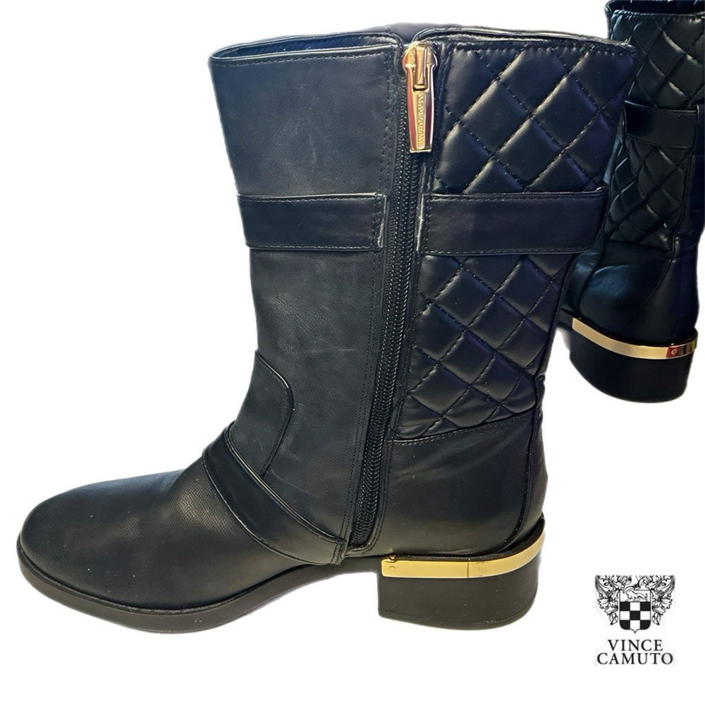 VINCE CAMUTO Wilamena Black Leather Goldtone Buckle Quilted Mid Calf Boot 5.5M